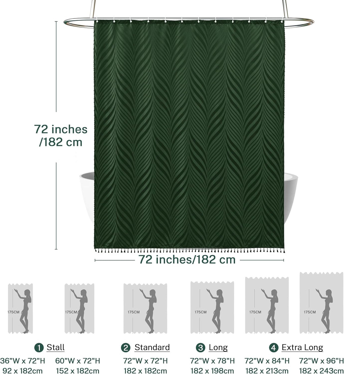 Siiluminisoy Dark Green Boho Shower Curtain Green Shower Curtain for Bathroom Fabric Tufted Chervon Textured Shower Curtains Elegant Cloth Shower Curtains Cute, 72" x72"