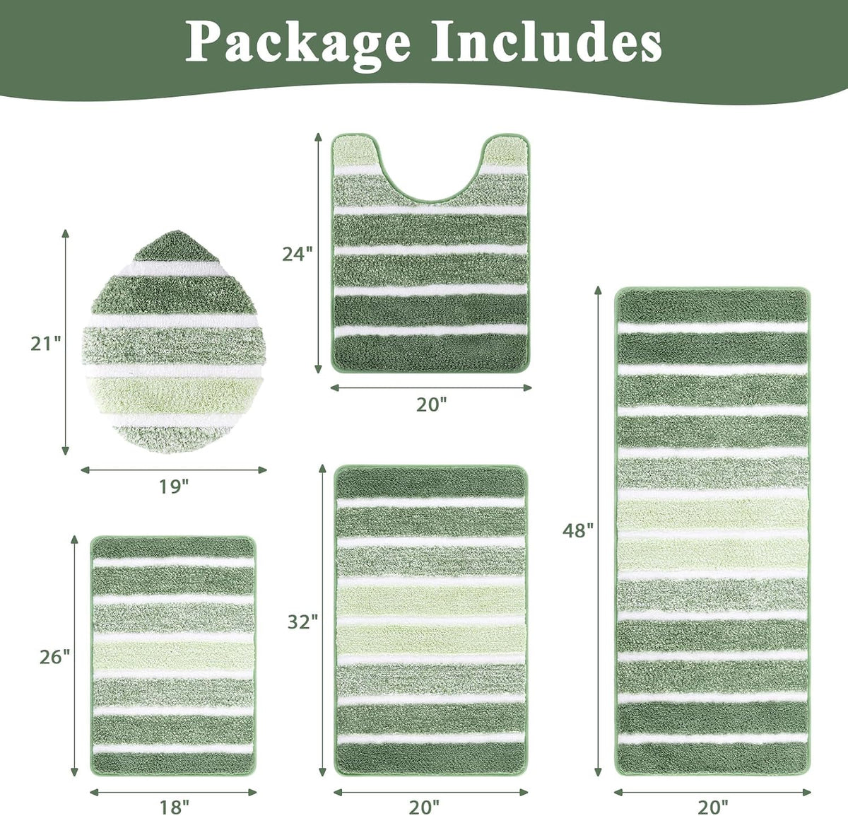 Yamaziot Sage Green Bathroom Rug Set 5 Piece Washable Non Slip Striped Mat