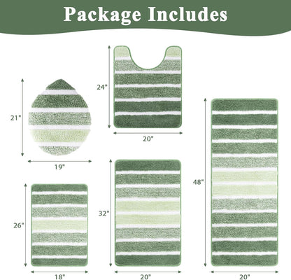 Yamaziot Sage Green Bathroom Rug Set 5 Piece Washable Non Slip Striped Mat