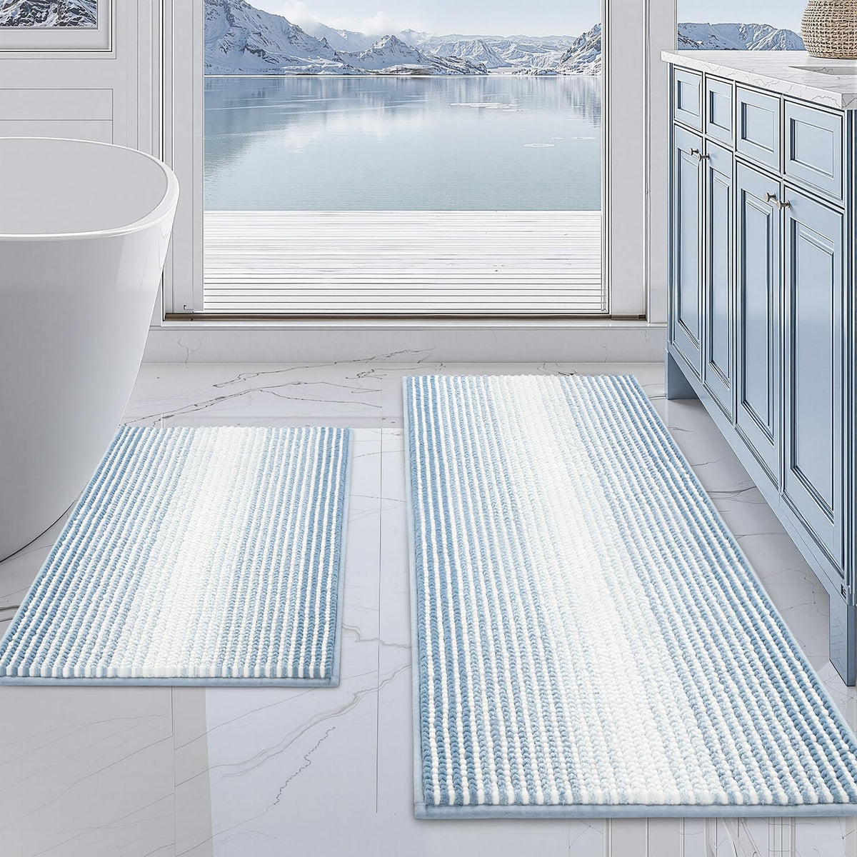 BSICPRO Bathroom Rugs Sets 2 Piece, Non Slip Striped Bath Mats, Fog Blue