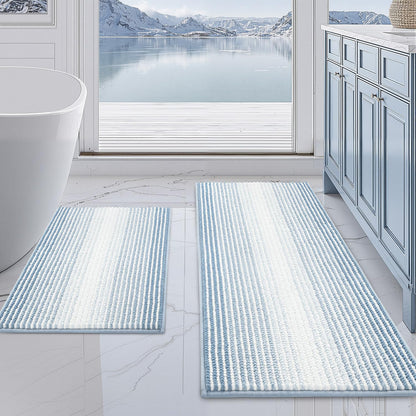 BSICPRO Bathroom Rugs Sets 2 Piece, Non Slip Striped Bath Mats, Fog Blue