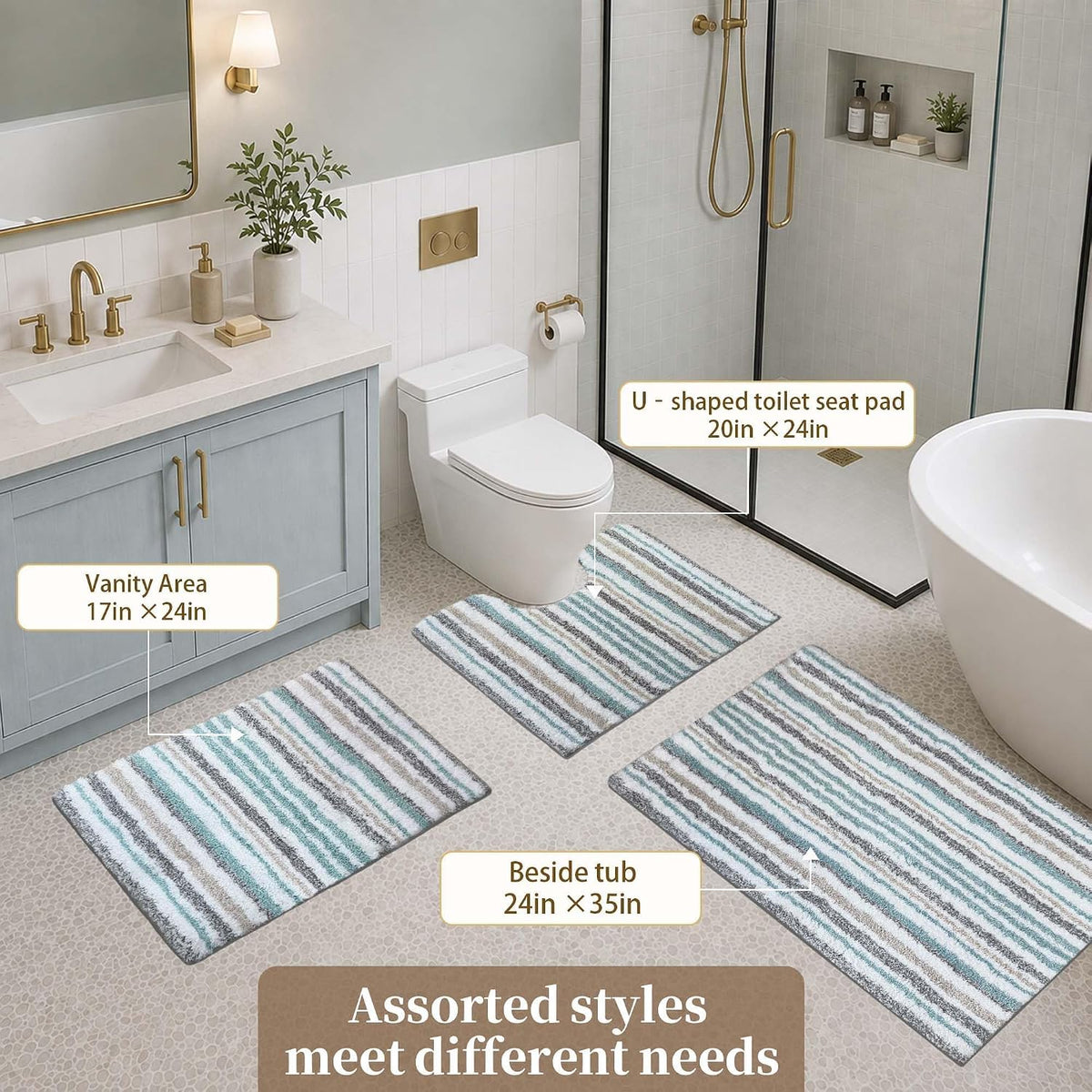 VOOVA & MOVAS Striped Bathroom Rug, 24x17, Microfiber, Aqua Beige Gray