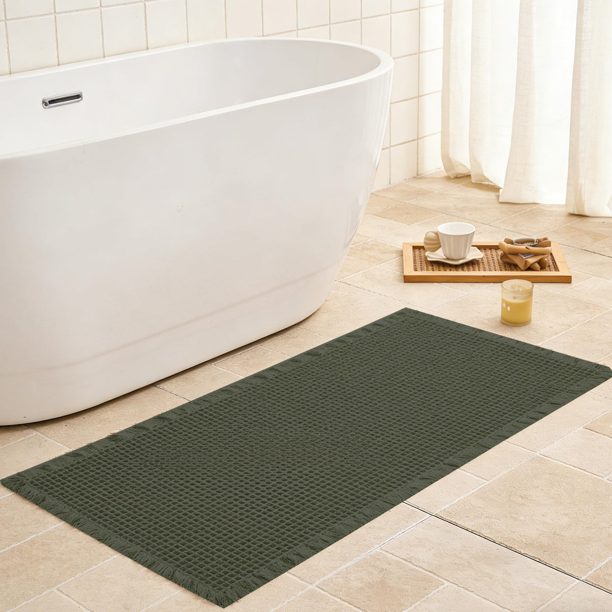 Waffle Bath Mat Non Slip, Boho Bathroom Rug, White/Taupe, 16"x24"