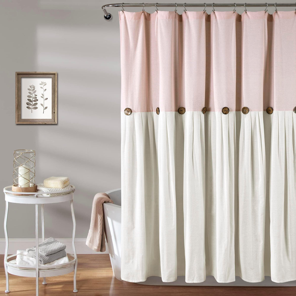 Lush Decor Linen Button Shower Curtain, 72" W x 72" L, Linen - Neural Shower Curtain Fabric - Bathroom Curtain - Farmhouse Bathroom Decor