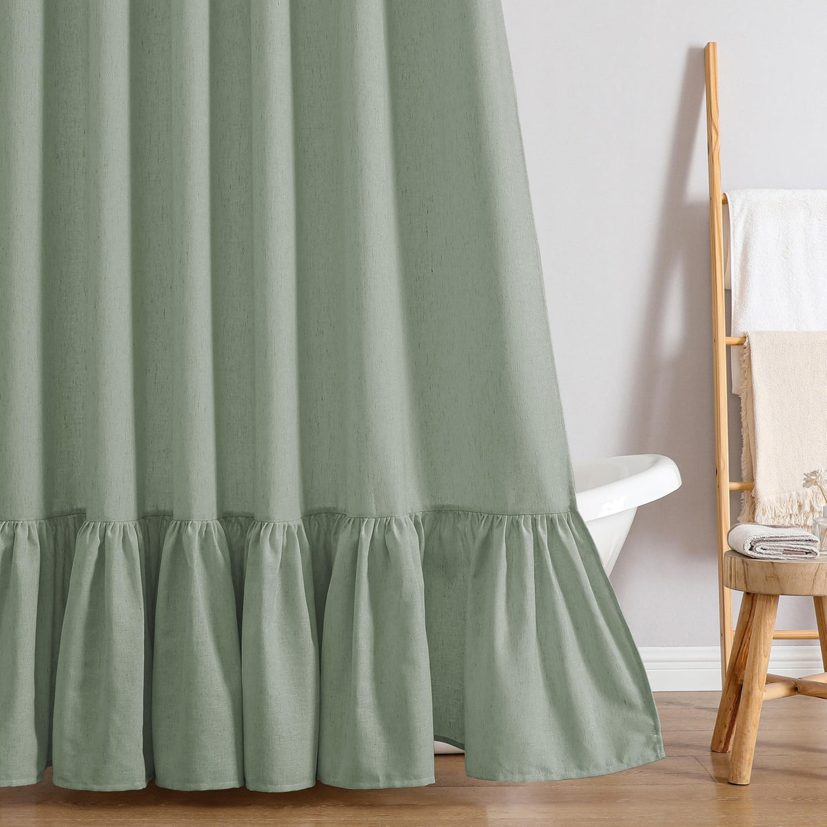 QiyI Boho Ruffle Shower Curtain, Linen Blend Fabric, Natural, 72 x 72