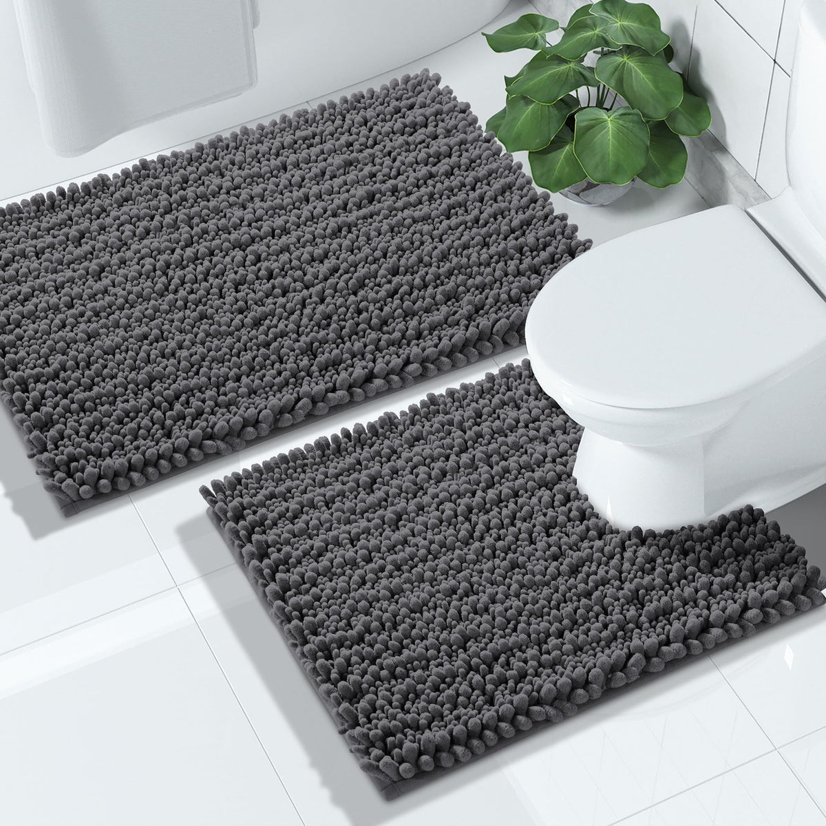 Yimobra Bathroom Rugs Sets 2 Piece - Quick Dry Extra Thick Luxury Chenille Bath Mat, Non Slip Super Absorbent for Tub Shower Sink, Machine Washable Shaggy Floor Mat, 32"x20"+24"x17" Inch, Pale Khaki