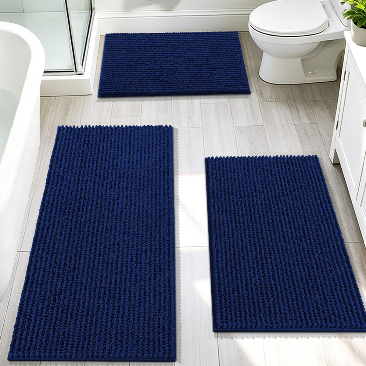 OLANLY Bathroom Rugs Sets 3 Piece, Super Soft Absorbent Chenille Bath Mats and U-Shaped Toilet Rug, Quick Dry, Home Decor, Bath Mat Set for Bathroom (24"x16"+24"x20"+30"x20", Grey)
