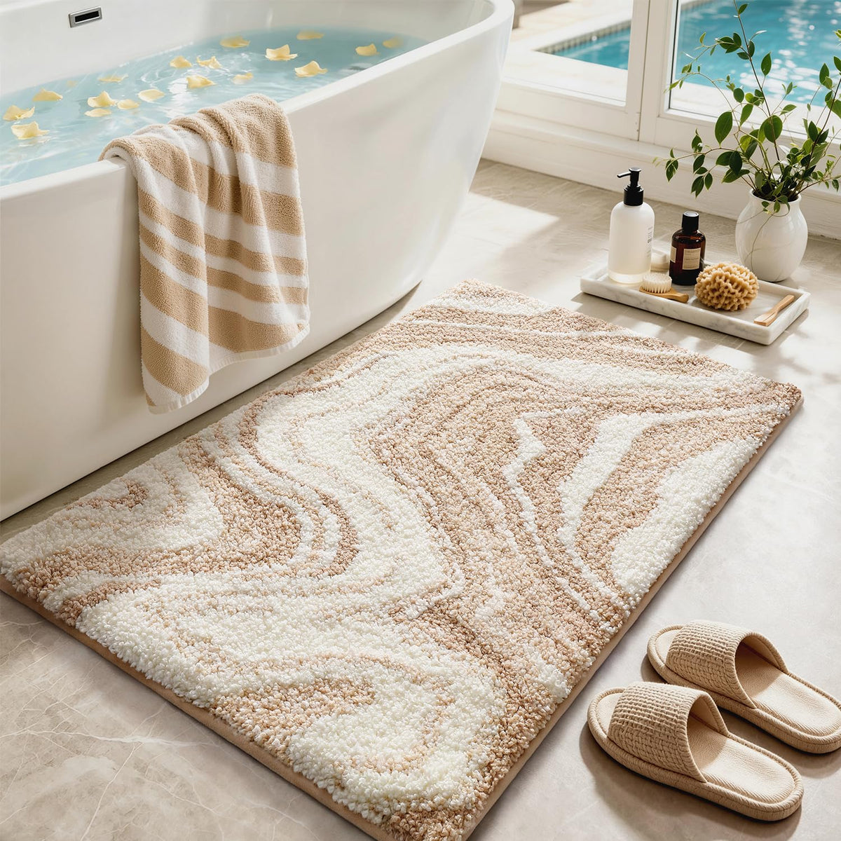 Color&Geometry Marble Bath Mat, 24"x36",Khaki Wave Bathroom Rug