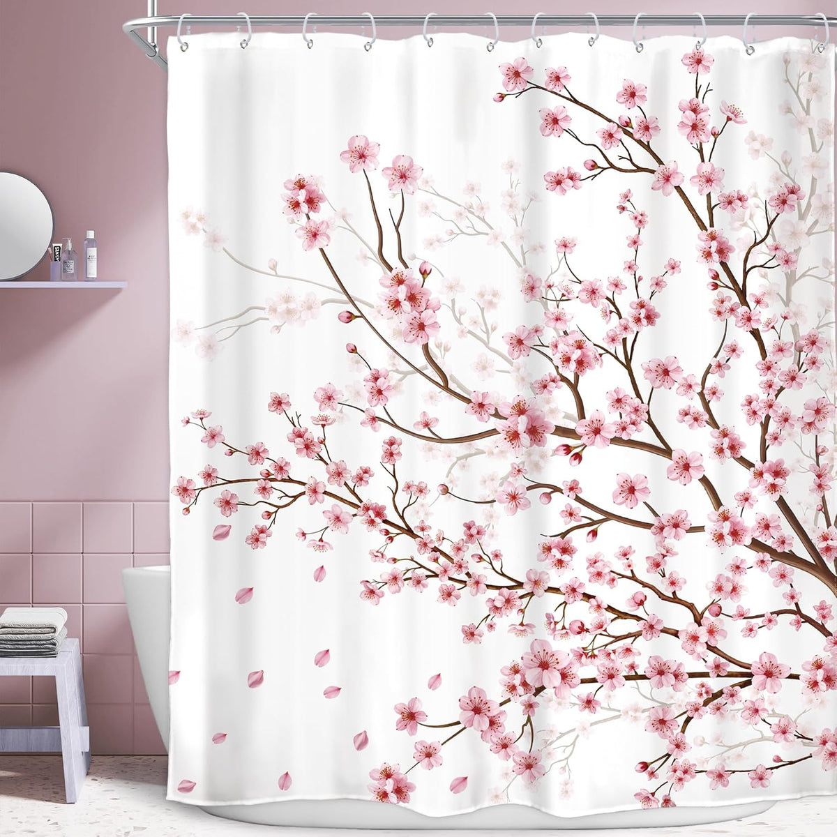 Pink Cherry Blossom Plum Asian Shower Curtain Japanese 60Wx72H Inch Decor