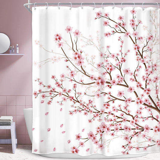 Pink Cherry Blossom Plum Asian Shower Curtain Japanese 60Wx72H Inch Decor