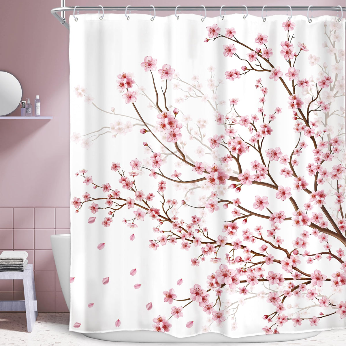 Pink Cherry Blossom Plum Asian Shower Curtain Japanese 60Wx72H Inch Decor