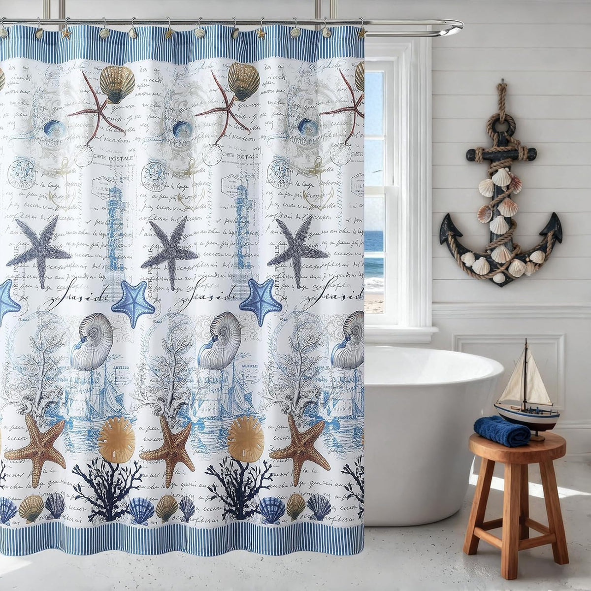 Coastal Seashell Fabric Shower Curtain, Under The Sea Beach Ocean Theme Shower Curtain with Starfish & Coral, Waterproof Blue Nautical Decorative Bathroom Curtains, 72" W x 72" H