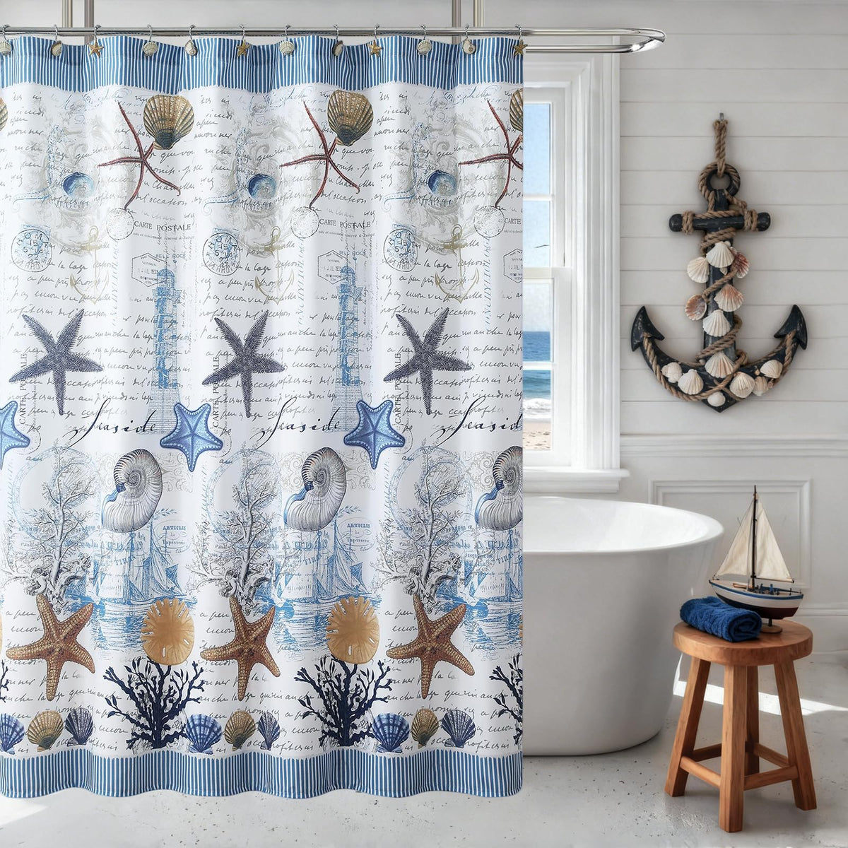 Coastal Seashell Fabric Shower Curtain, Under The Sea Beach Ocean Theme Shower Curtain with Starfish & Coral, Waterproof Blue Nautical Decorative Bathroom Curtains, 72" W x 72" H