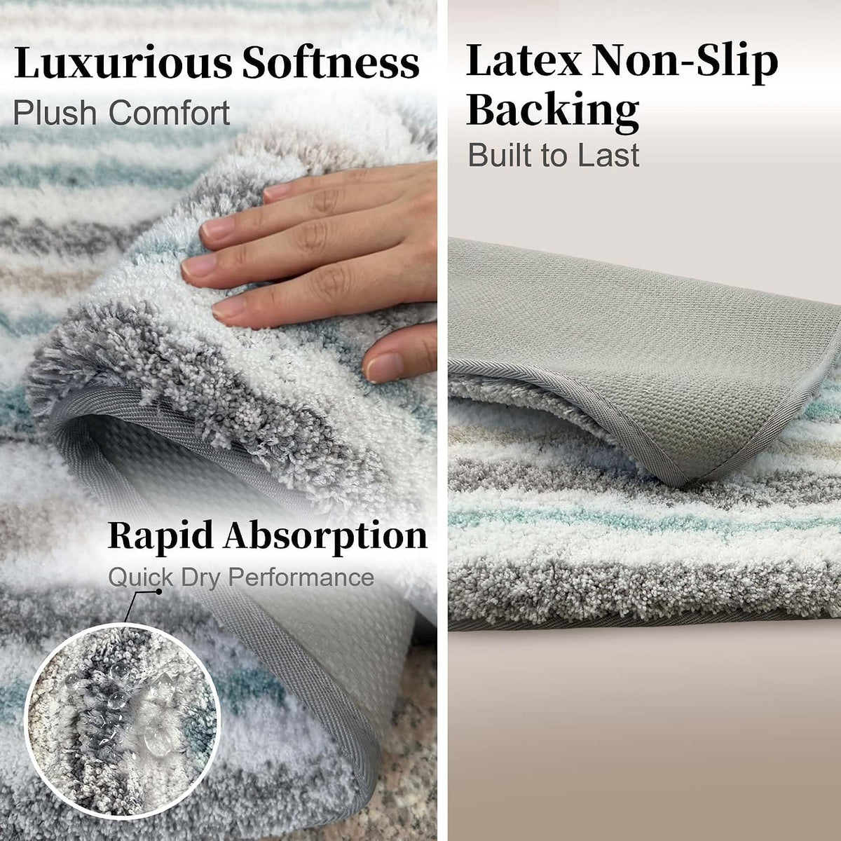 VOOVA & MOVAS Striped Bathroom Rug, 24x17, Microfiber, Aqua Beige Gray