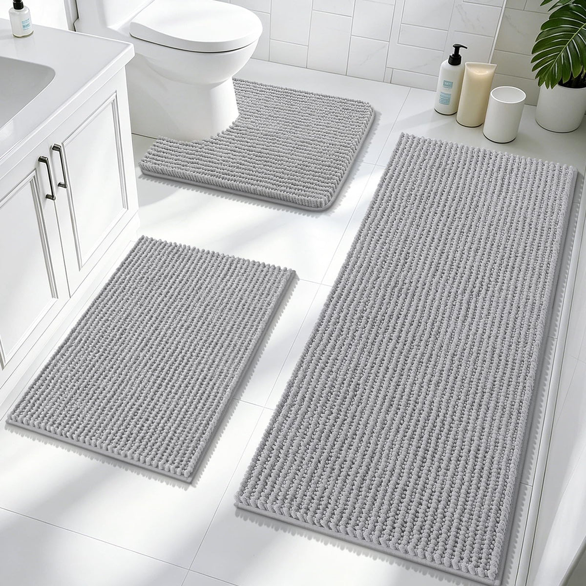 OLANLY Bathroom Rugs Sets 3 Piece, Super Soft Absorbent Chenille Bath Mats and U-Shaped Toilet Rug, Quick Dry, Home Decor, Bath Mat Set for Bathroom (24"x16"+24"x20"+30"x20", Grey)