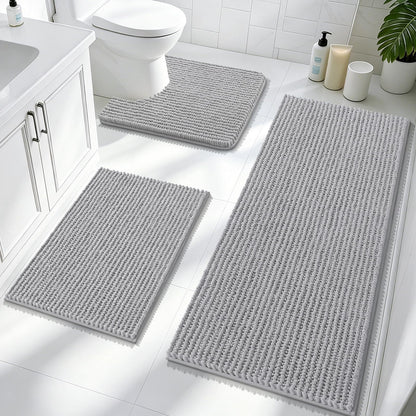OLANLY Bathroom Rugs Sets 3 Piece, Super Soft Absorbent Chenille Bath Mats and U-Shaped Toilet Rug, Quick Dry, Home Decor, Bath Mat Set for Bathroom (24"x16"+24"x20"+30"x20", Grey)