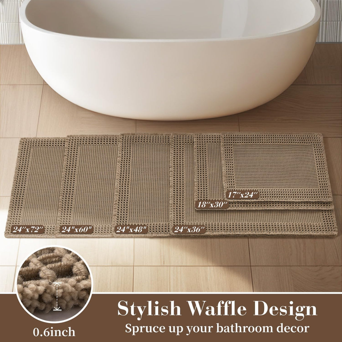 RESARE Waffle Bathroom Runner Rugs, Non Slip Boho Bath Mat 24"x72" Brown