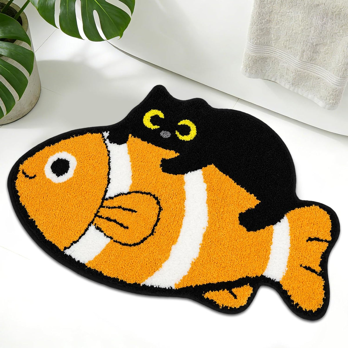 Bathroom Rugs with Green Leaf,Black Cat Monstera Rug
