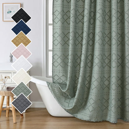 Lecloud White Fabric Shower Curtain 72x72 Inches, Boho Tufted Plaid Striped Shower Curtain Set for Bathroom, Chic Textured Cloth Shower Curtain