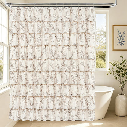 Farmhouse Floral Shower Curtain, Ruffle Bathroom Curtains, 72"Wx72"L