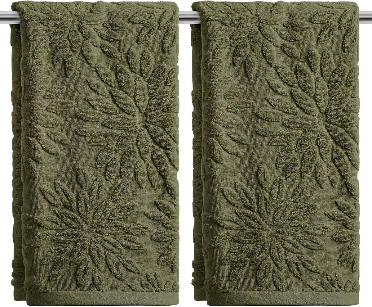 Artoid Mode 2 Pcs Olive Green 3D Dahlia Floral Jacquard Hand Towels for Bathroom, Cotton Soft Absorbent Bathroom Decor Towels, 13.7 x 29.5 Inch