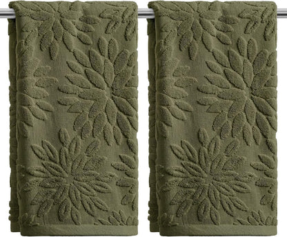 Artoid Mode 2 Pcs Olive Green 3D Dahlia Floral Jacquard Hand Towels for Bathroom, Cotton Soft Absorbent Bathroom Decor Towels, 13.7 x 29.5 Inch