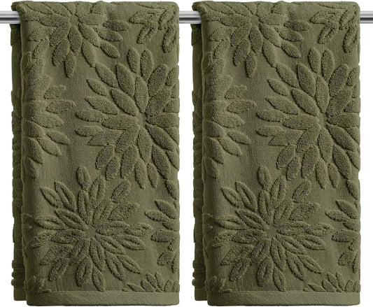 Artoid Mode 2 Pcs Olive Green 3D Dahlia Floral Jacquard Hand Towels for Bathroom, Cotton Soft Absorbent Bathroom Decor Towels, 13.7 x 29.5 Inch