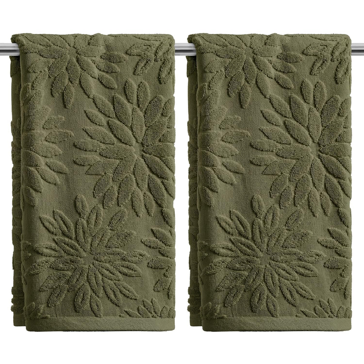 Artoid Mode 2 Pcs Olive Green 3D Dahlia Floral Jacquard Hand Towels for Bathroom, Cotton Soft Absorbent Bathroom Decor Towels, 13.7 x 29.5 Inch