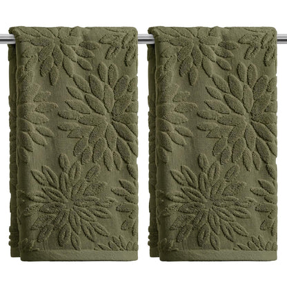 Artoid Mode 2 Pcs Olive Green 3D Dahlia Floral Jacquard Hand Towels for Bathroom, Cotton Soft Absorbent Bathroom Decor Towels, 13.7 x 29.5 Inch