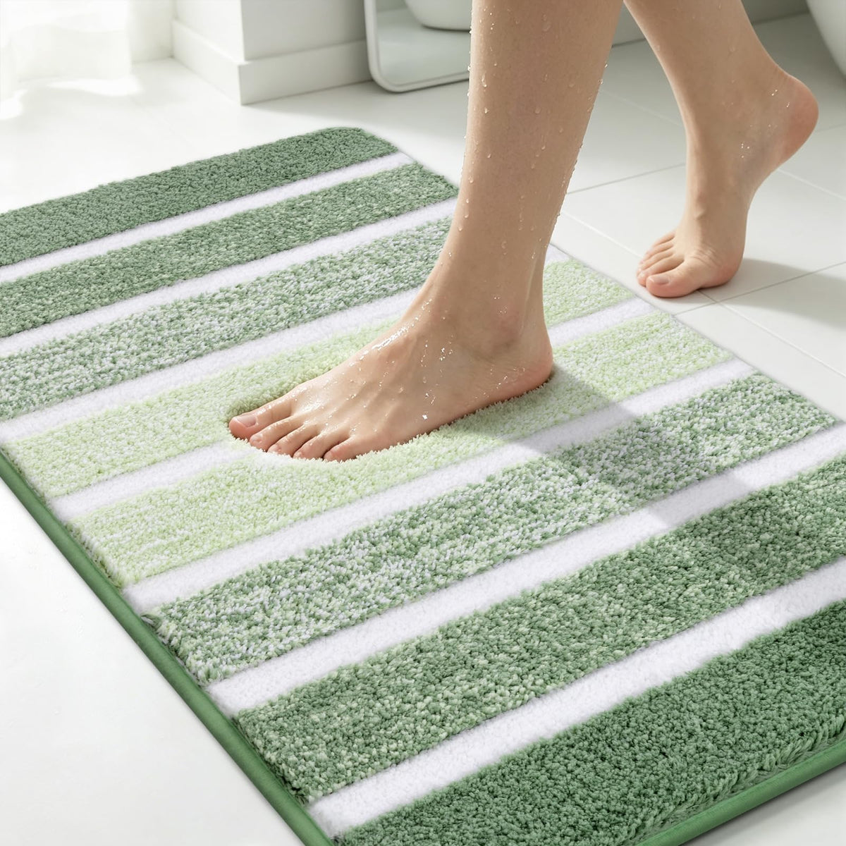 Yamaziot Sage Green Bathroom Rug Set 5 Piece Washable Non Slip Striped Mat