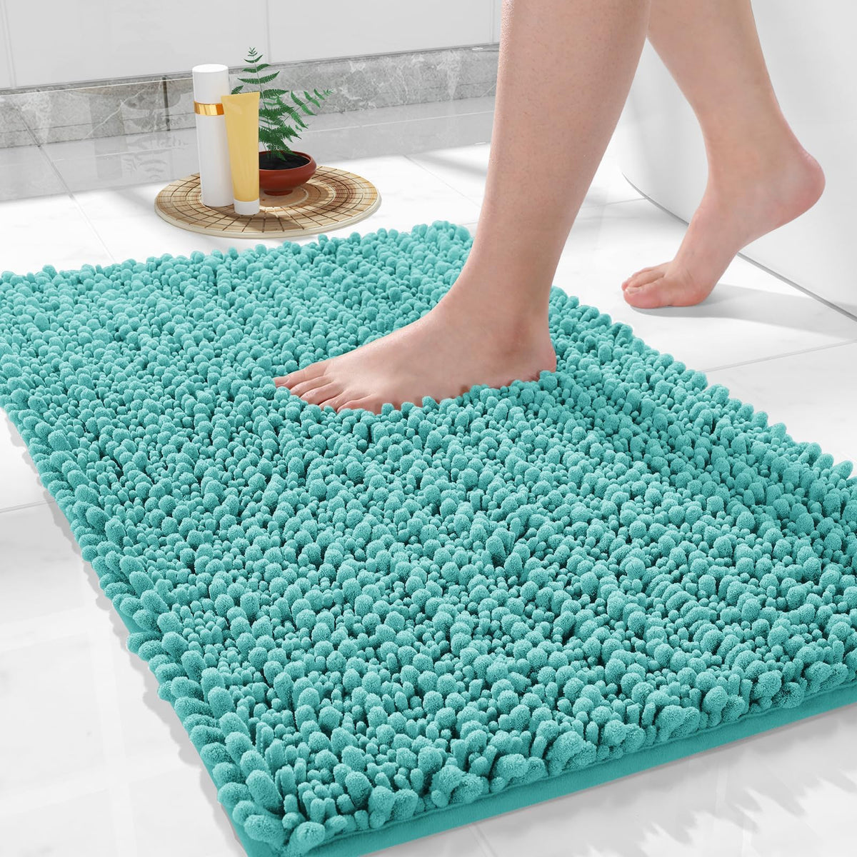 Yimobra Bathroom Rugs Non Slip Washable 32x20 Inch - Ultra Soft Absorbent Chenille Bath Mat, Quick Dry Shaggy Floor Carpet for Tub Shower, Gray Home Decor Accessories