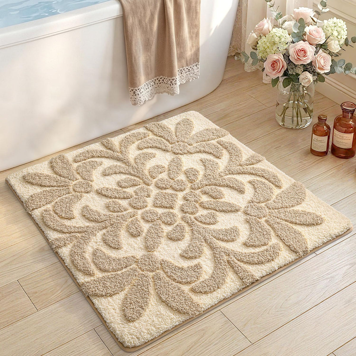 DEXI Floral Bathroom Rugs Non Slip Washable, Square Bath Mat 24x24, Beige
