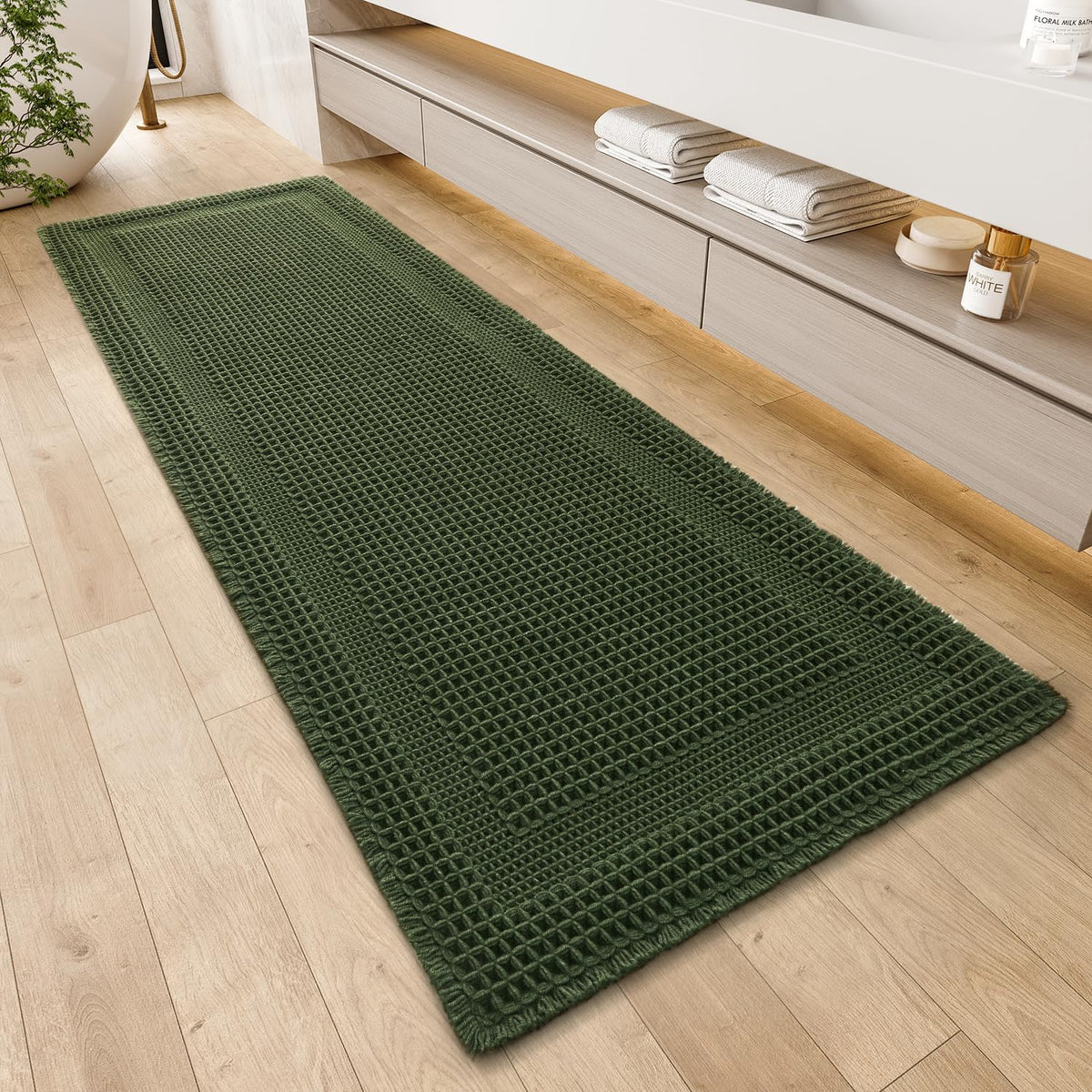 AMOAMI Waffle Bath Mat, Absorbent Bathroom Rugs Non Slip 24''x36'' Beige