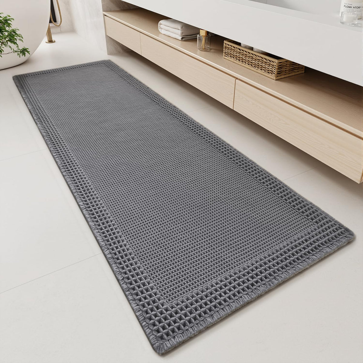 RESARE Waffle Bathroom Runner Rugs, Non Slip Boho Bath Mat 24"x72" Brown