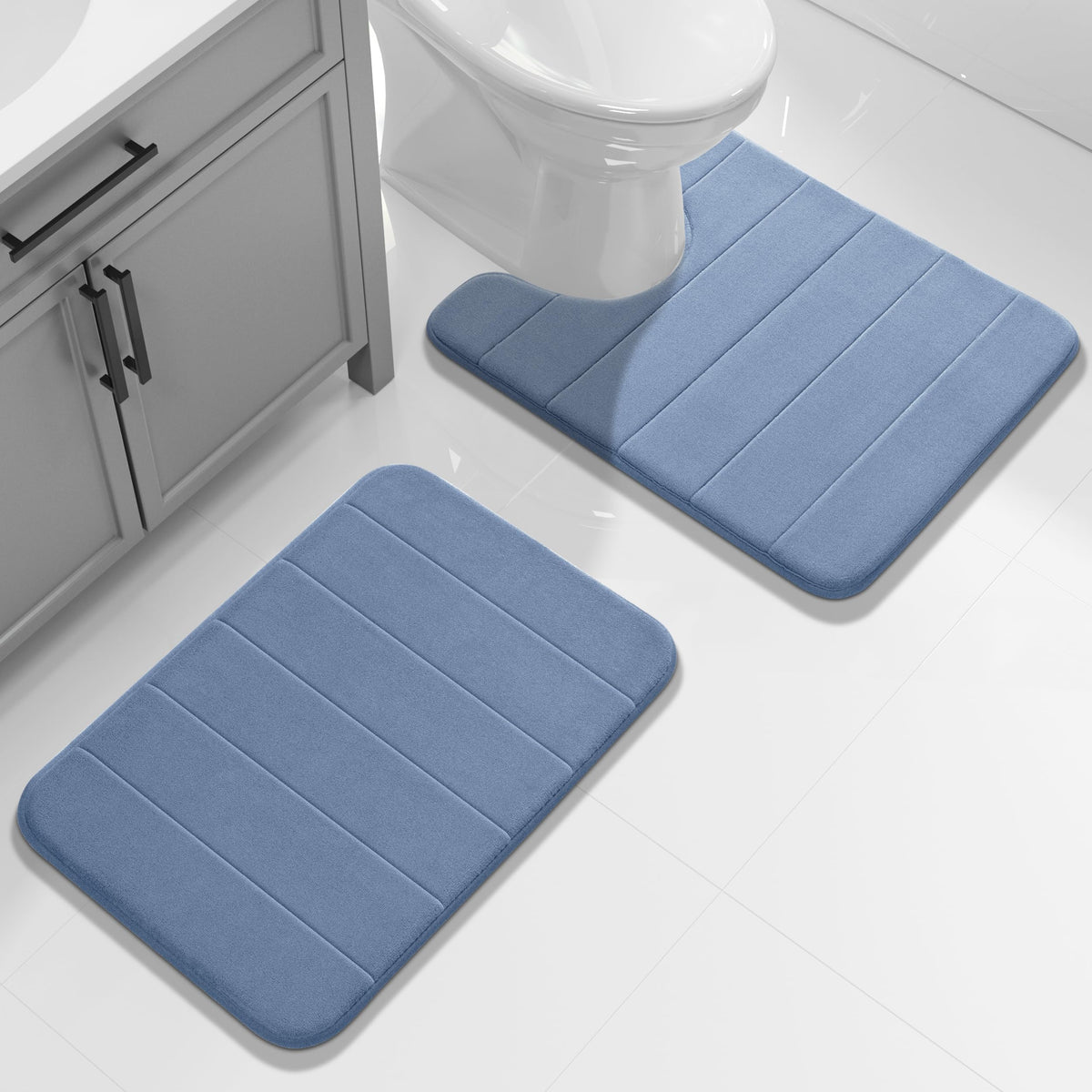 Yimobra Memory Foam Bathroom Rugs Sets 2 Piece - Super Soft Absorbent Quick Dry Bath Mat Set, Machine Washable Non Slip Floor Carpet for Tub Shower & Single Sink (17x24 & 31.5x20 Inch, Black)