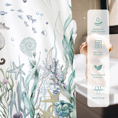 MEHOFOND Nautical Shower Curtain Coral Seashell Beach Shower Curtains for Bathroom Decor Under The Sea Themed Bathroom Shower Washable Durable Fabric Shower Curtains 72x72 in