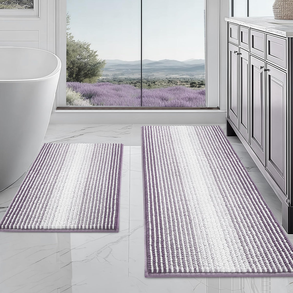BSICPRO Bathroom Rugs Sets 2 Piece, Non Slip Striped Bath Mats, Fog Blue