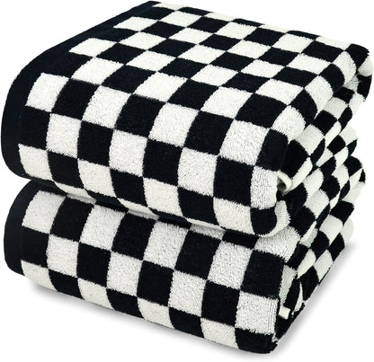Jacquotha Black and White Checkered Cotton Bath Towels Set of 2