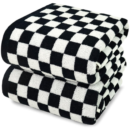 Jacquotha Black and White Checkered Cotton Bath Towels Set of 2