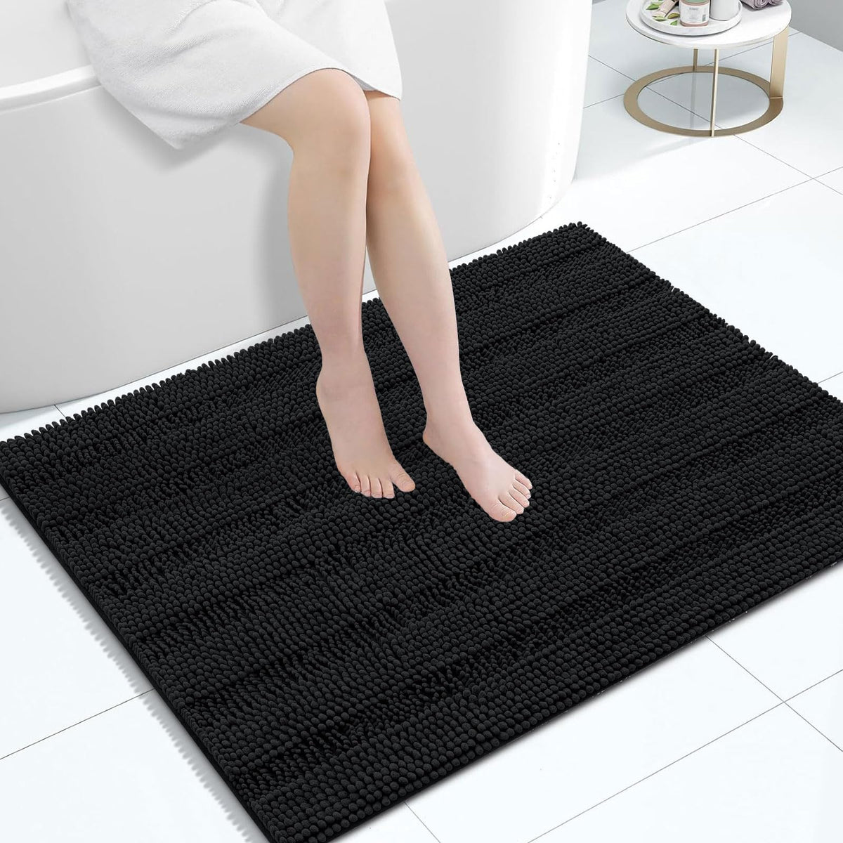 Grandaily Chenille Striped Bathroom Rugs 36x24, Extra Thick and Absorbent Bath Mats, Non-Slip Soft Plush Shaggy Shower Carpet, Machine Wash Dry, Bath Rug for Bathroom, (Large, Light Grey)