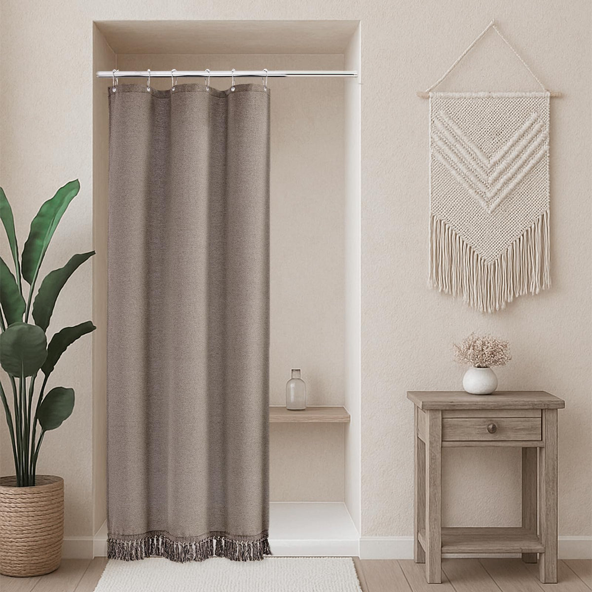 Linen Shower Curtain Boho Beige Shower Curtain with Tassels 72"W x 84"L