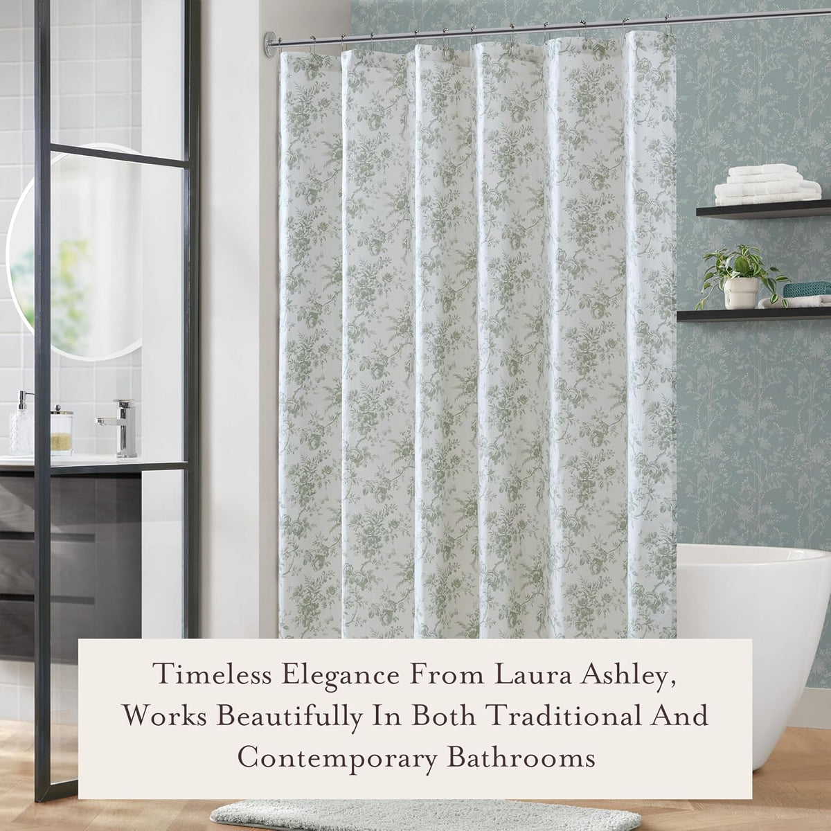 Laura Ashley Walled Garden Shower Curtain for Bathroom, 72 x 72, Green