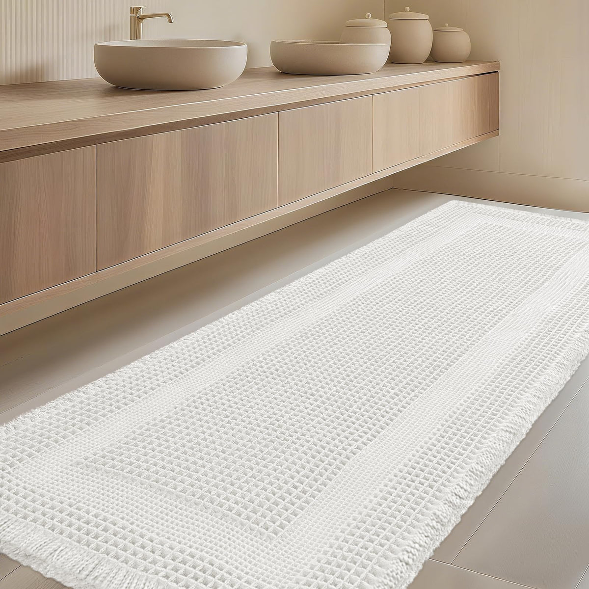 Upgrade Waffle Bath Mat Set 2 Piece, Boho Bathroom Rugs Absorbent Non Slip, Ultra Soft Bathroom Mat, Machine Washable Knit Bath Rugs with Herringbones for Bathroom, Bedroom, Kitchen, Shower, White