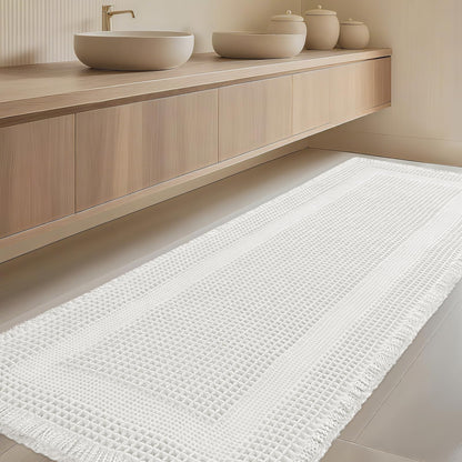 Upgrade Waffle Bath Mat Set 2 Piece, Boho Bathroom Rugs Absorbent Non Slip, Ultra Soft Bathroom Mat, Machine Washable Knit Bath Rugs with Herringbones for Bathroom, Bedroom, Kitchen, Shower, White