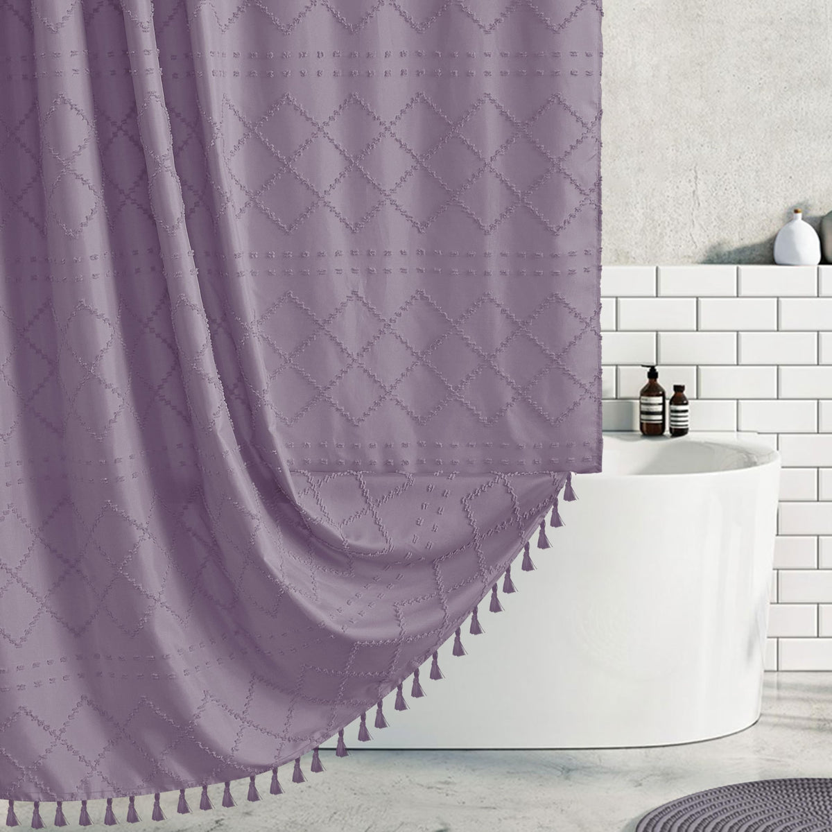 Siiluminisoy Navy Blue Shower Curtain Boho Shower Curtains Fabric, Tufted Chevron Textured Striped Modern Minimalist Cloth Shower Curtain for Bathroom, 72 x 72