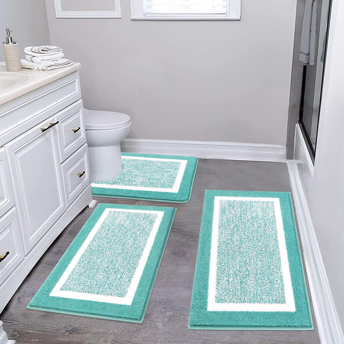 Pauwer Bathroom Rugs 3 Piece Set, Non Slip Washable Bath Mat, Dark Grey