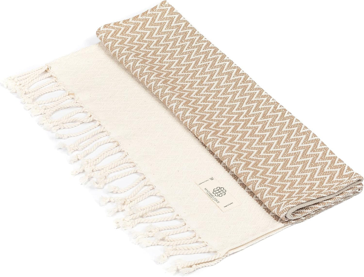 Madamelique Exclusive Hand Towels Set of 2-18 x 40 Inches - Decorative Bathroom Peshtemal Towel for Hand, Face, Hair, Yoga, Tea, Dishcloth, Kitchen and Bath - 100% Pure Cotton (Biscuit)