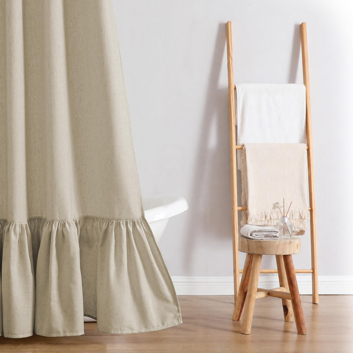 QiyI Boho Ruffle Shower Curtain, Linen Blend Fabric, Natural, 72 x 72