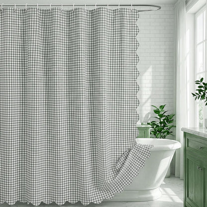 HunnmingRe Ruffle Hem Gingham Shower Curtain Sage Green