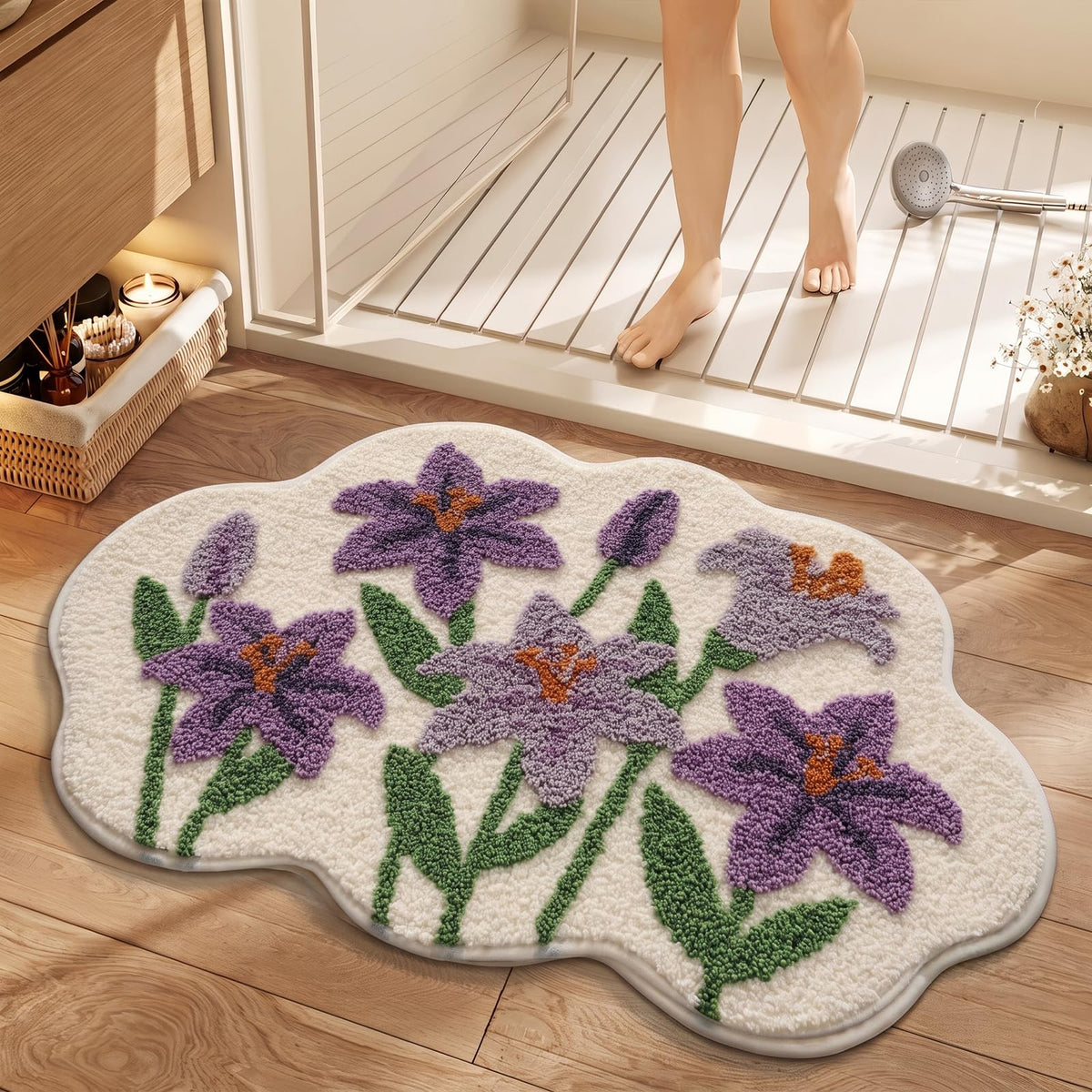 Cloud-Shaped Lily Bath Mat, Soft Non-Slip Fluffy Fresh Flowers Bathroom Rug, Ultra Absorbent Microfiber Shaggy Door Mat, Machine Washable Bath Rug Carpet for Bathtub Bedroom 20x31 Inch (White)